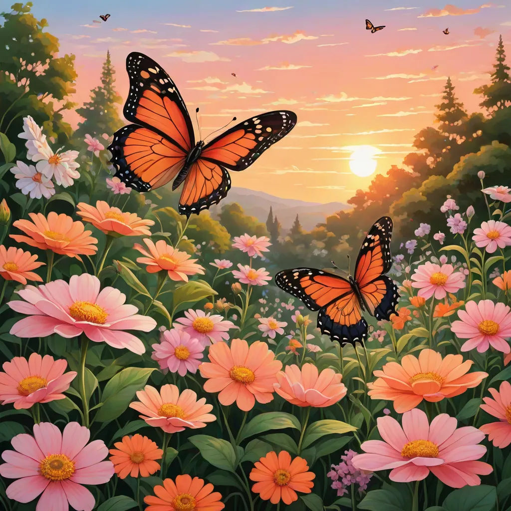 a painting of two butterflies flying over a field of flowers at sunset with a sunset in the background and a forest in the foreground, magic realism, a fine art painting, Anne Stokes, nature