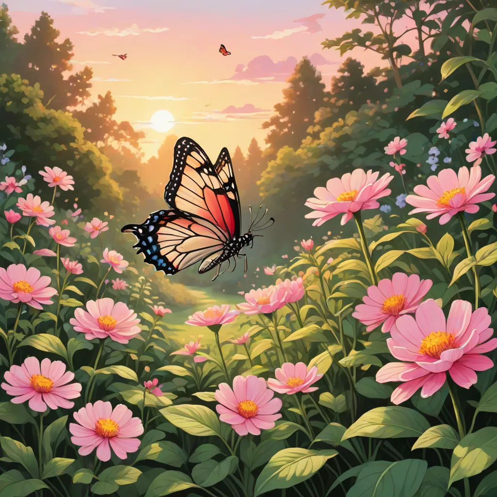 a butterfly flying over a field of pink flowers at sunset with a forest in the background and a butterfly flying over the flowers, magic realism, a fine art painting, Anne Stokes, nature