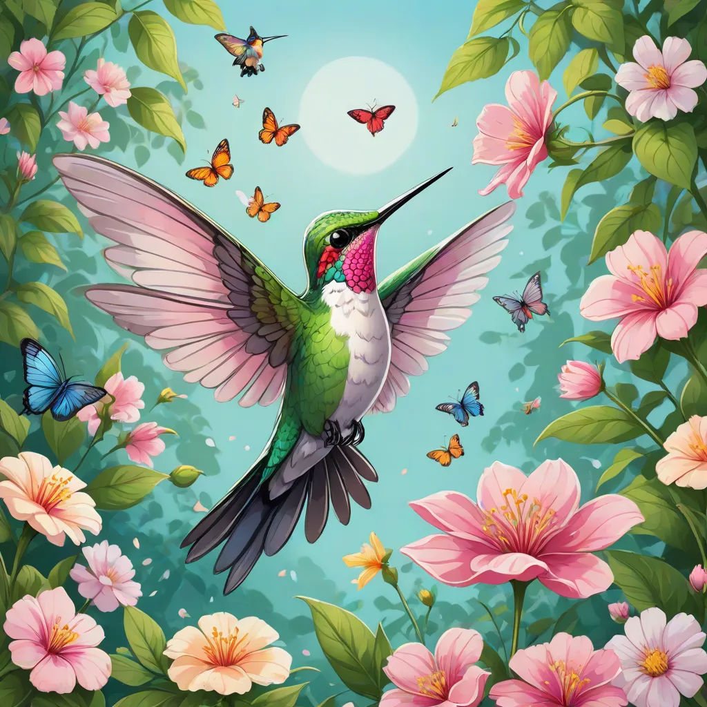 a painting of a hummingbird flying over a flower garden with butterflies and flowers around it, with a full moon in the background, fantasy art, an airbrush painting, Anne Stokes, highly detailed digital painting