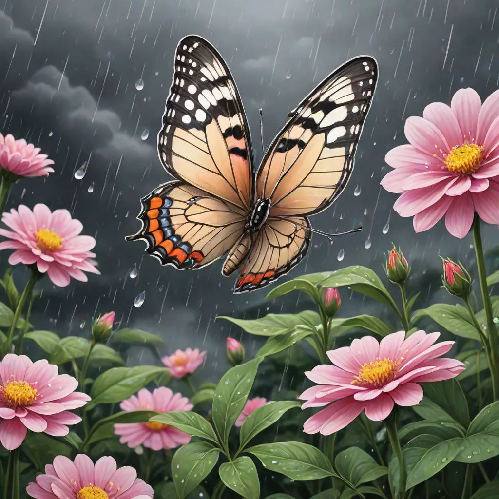 a butterfly flying over a field of pink flowers in the rain with a storm background and a dark sky, magic realism, an airbrush painting, Anne Stokes, highly detailed digital painting
