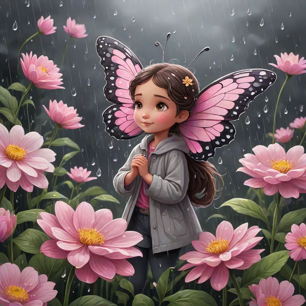 a girl with a butterfly wings standing in a field of flowers with raindrops on her head and a pink flower in her hand, fantasy art, a storybook illustration, Cyril Rolando, highly detailed digital painting