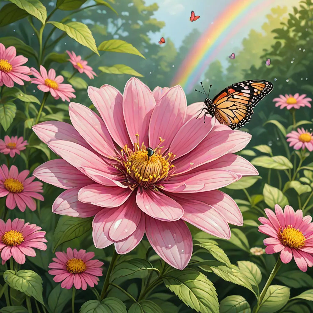 a painting of a butterfly on a pink flower with a rainbow in the background and a rainbow in the sky, fantasy art, a detailed painting, David A Hardy, highly detailed digital painting
