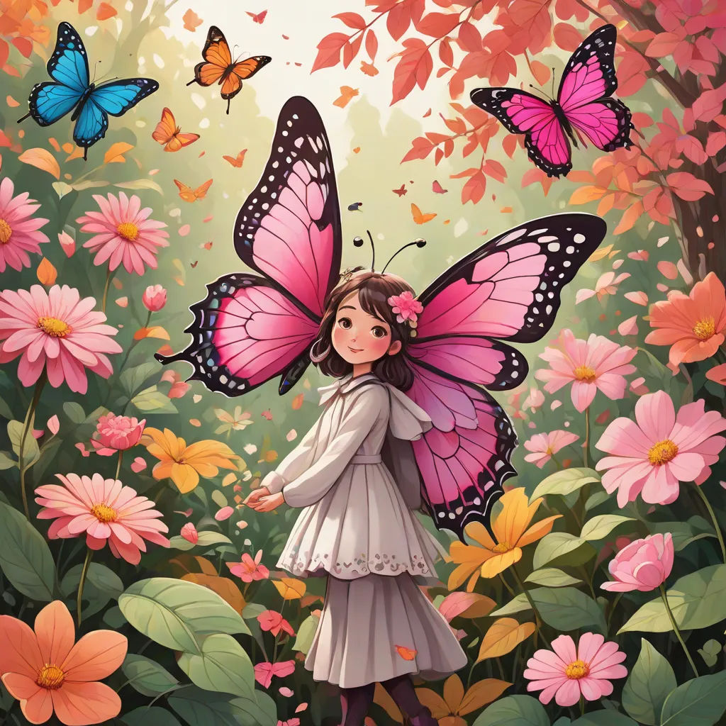 a girl in a field of flowers with a butterfly on her shoulder and a butterfly on her shoulder, with a pink butterfly in the background, fantasy art, a storybook illustration, Chen Chun, storybook illustration