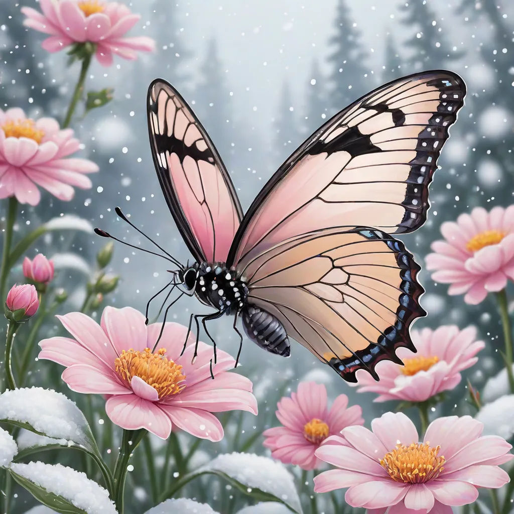 a butterfly flying over a field of pink flowers and daisies in the snow with a forest in the background, fantasy art, a detailed painting, Anne Stokes, highly detailed digital painting