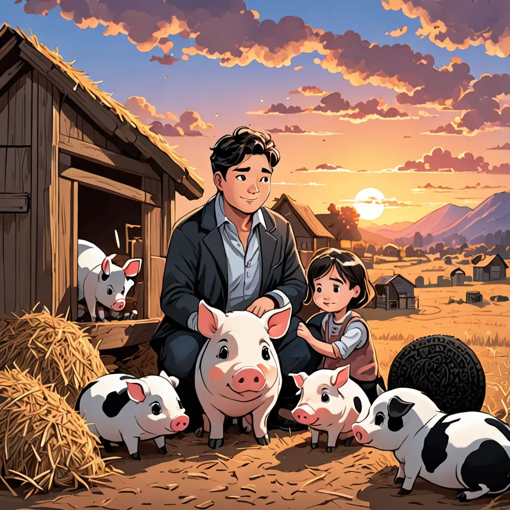 a man and a little girl are standing in front of a farm with pigs and a barn at sunset, american realism, a storybook illustration, David Park, official art