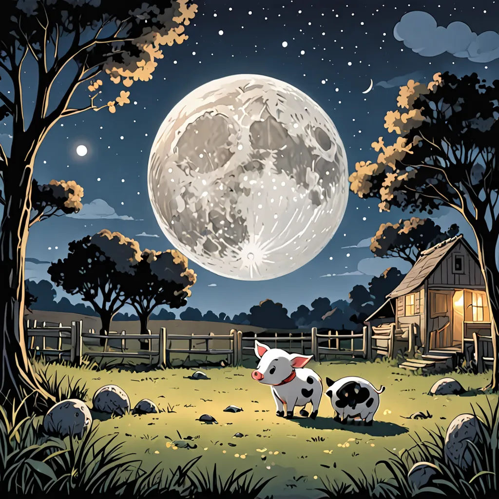 a couple of cows standing in a field under a full moon sky with a barn and trees in the background, space art, a storybook illustration, David Martin, storybook illustration