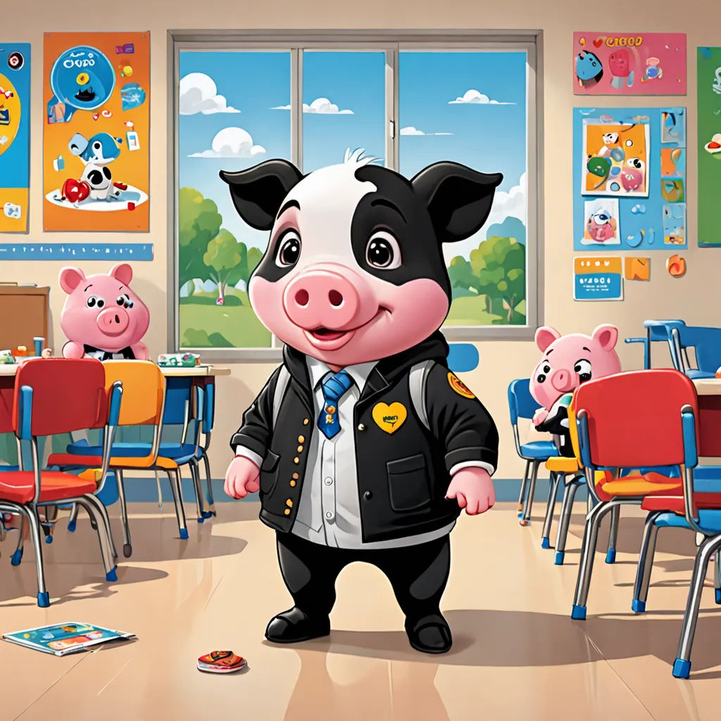 a cartoon pig standing in a classroom with other pigs in the background and a classroom with desks and chairs, quito school, a storybook illustration, Diego Gisbert Llorens, behance hd