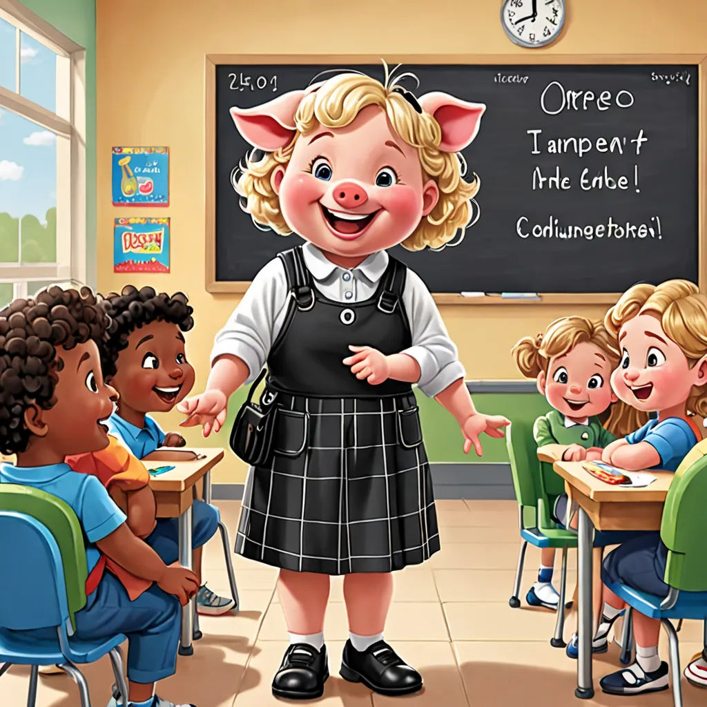 a cartoon pig teacher in a classroom with children in front of a chalkboard with a clock on it, remodernism, a storybook illustration, Bob Byerley, storybook illustration