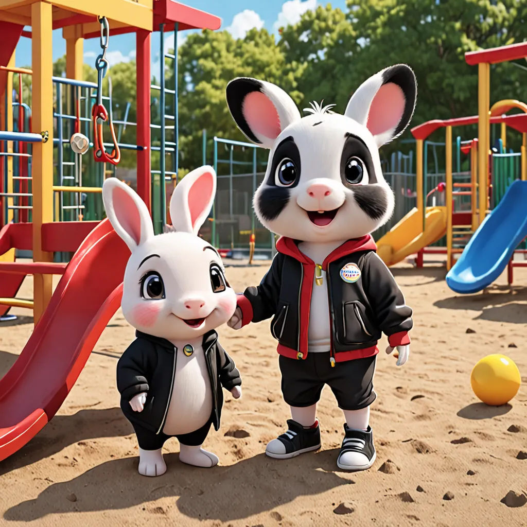 a couple of animals standing next to each other on a playground area with a slide and slide in the background, furry art, a 3D render, Cui Bai, promotional image