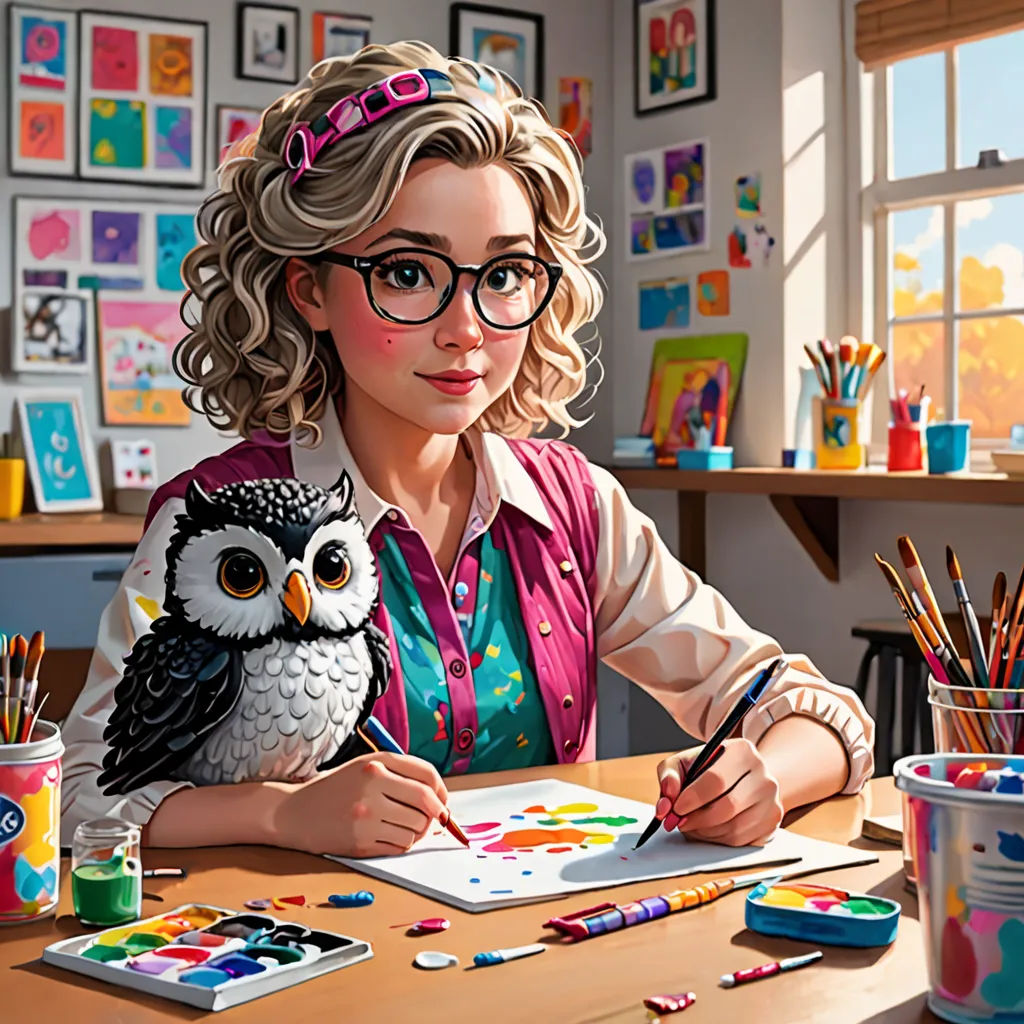 a woman sitting at a table with an owl on her shoulder and a paintbrush in her hand and a cup of watercolors, american scene painting, computer graphics, artist, professional digital painting