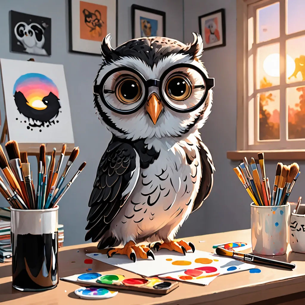 a painting of an owl with glasses on a desk with paintbrushes and a cup of paint next to it, fantasy art, a detailed painting, Chris LaBrooy, artstation hq