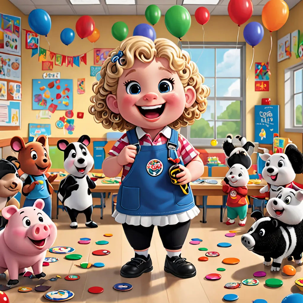 a cartoon girl surrounded by a bunch of animals and balloons in a classroom with a teacher's desk, american scene painting, a storybook illustration, artist, promotional image