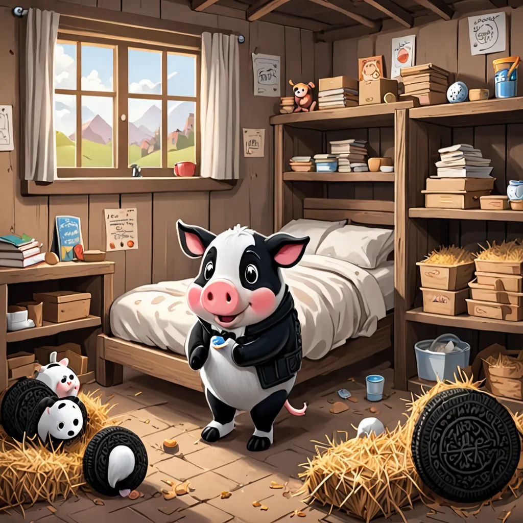 a cartoon cow standing in a room with a bed and a window with a mountain view behind it and a stack of hay, lyco art, a storybook illustration, Diego Gisbert Llorens, storybook illustration