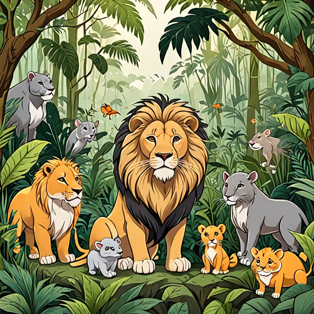 a group of lions and other animals in a jungle setting with trees and butterflies in the background, with a butterfly flying overhead, sots art, a storybook illustration, Chris LaBrooy, official art