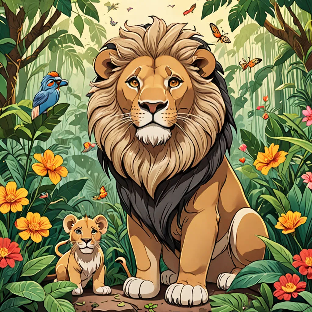 a lion and a lion cub in a jungle with flowers and butterflies around them, and a bird on the ground, furry art, a storybook illustration, Chris LaBrooy, jungle