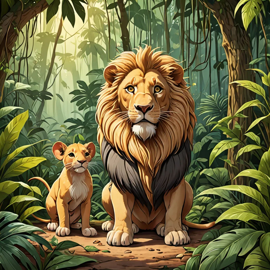 a lion and a cub sitting in the jungle together, surrounded by trees and foliage, with sunlight shining through the leaves, furry art, poster art, Chris LaBrooy, official art