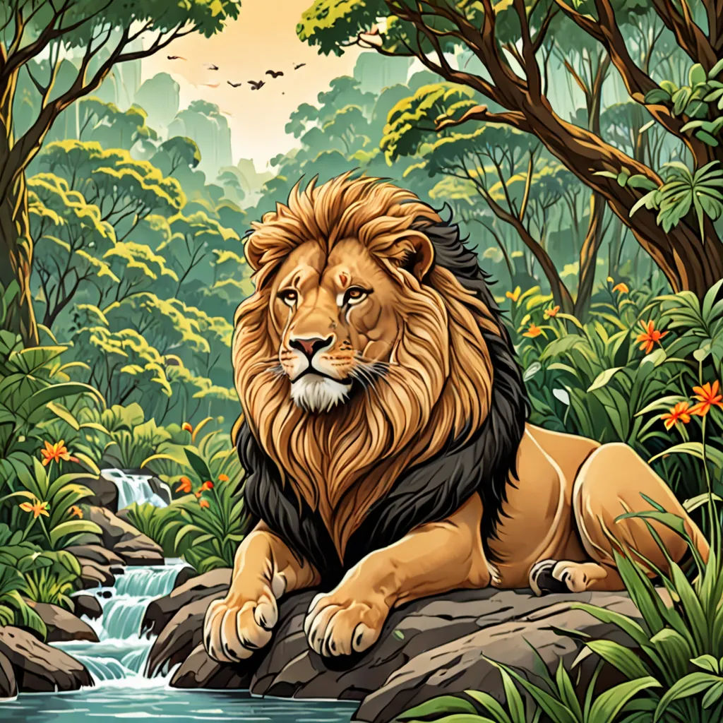 a lion sitting on a rock in a jungle with a stream of water running through it's center, fantasy art, an airbrush painting, Chris LaBrooy, highly detailed digital painting