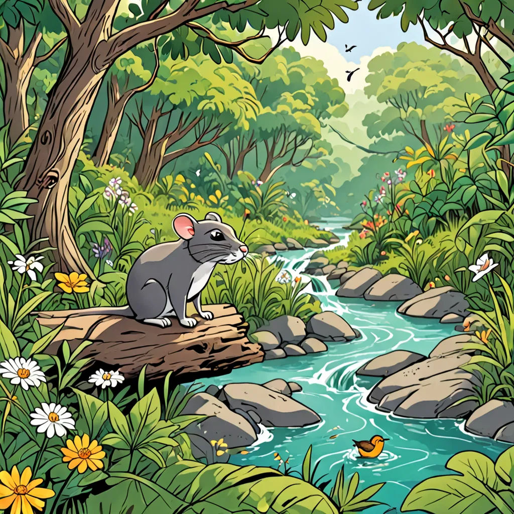 a mouse sitting on a log in a forest by a stream of water and flowers with a bird flying overhead, environmental art, a storybook illustration, Chris LaBrooy, storybook illustration