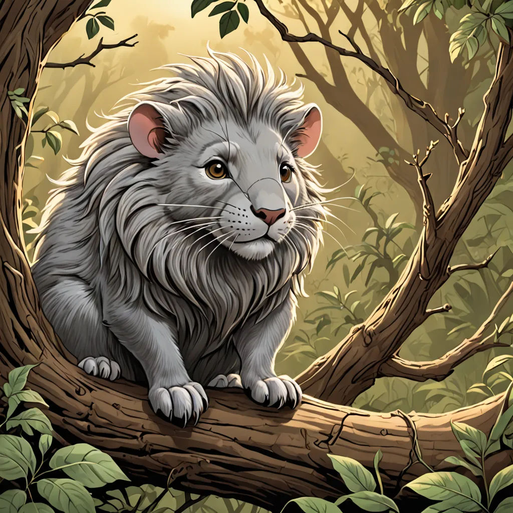 a white lion sitting on a tree branch in a forest with green leaves and a yellow light in the background, fantasy art, a storybook illustration, Alison Kinnaird, trending on art station