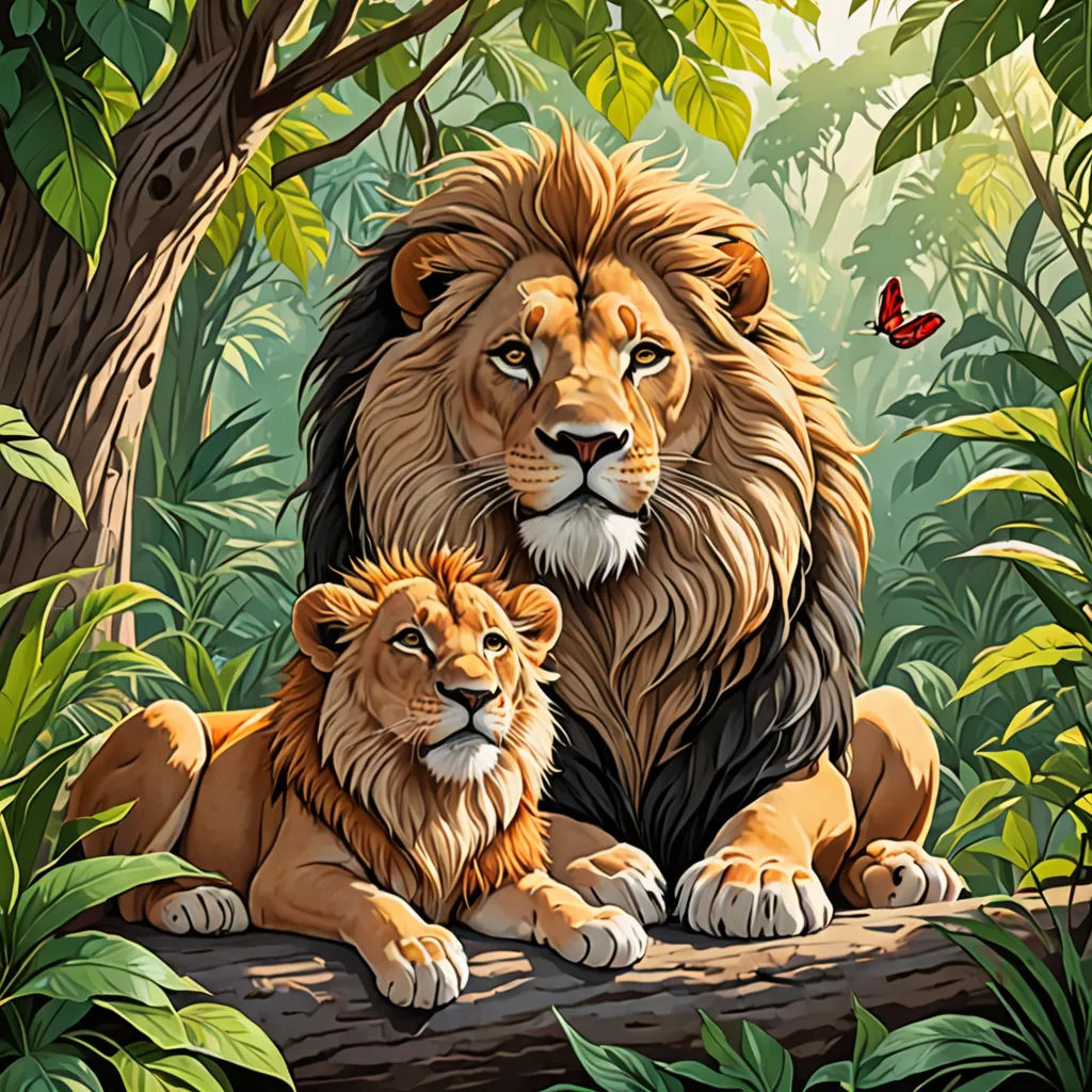 a painting of two lions sitting on a log in the jungle with a butterfly flying above them and a butterfly flying above them, furry art, a digital painting, Brothers Hildebrandt, highly detailed digital painting