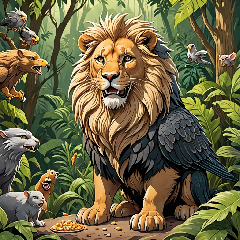 a lion surrounded by other animals in a jungle setting with trees and plants in the background, with a bird on the ground, lyco art, a storybook illustration, Chris LaBrooy, furaffinity