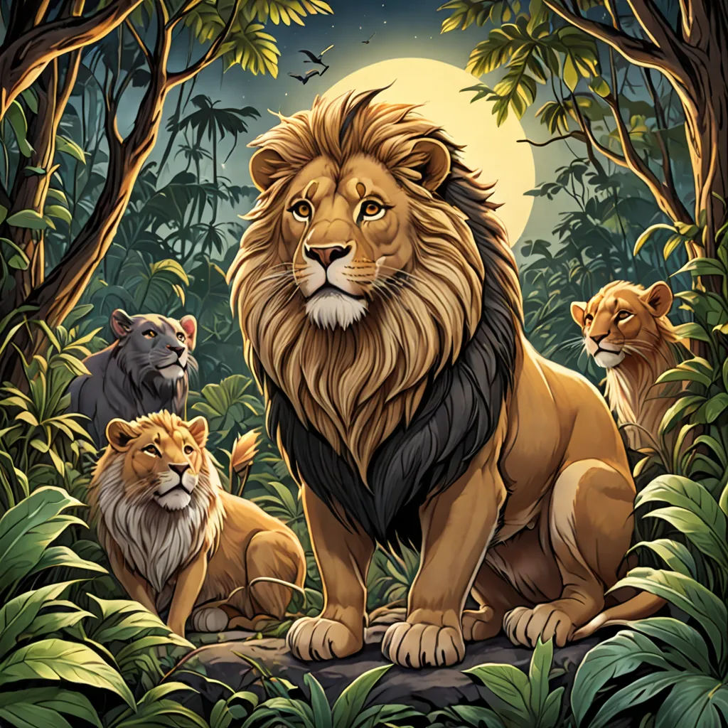 a lion and two lions in the jungle with a full moon in the background and trees and bushes around, furry art, an album cover, Chris LaBrooy, official art