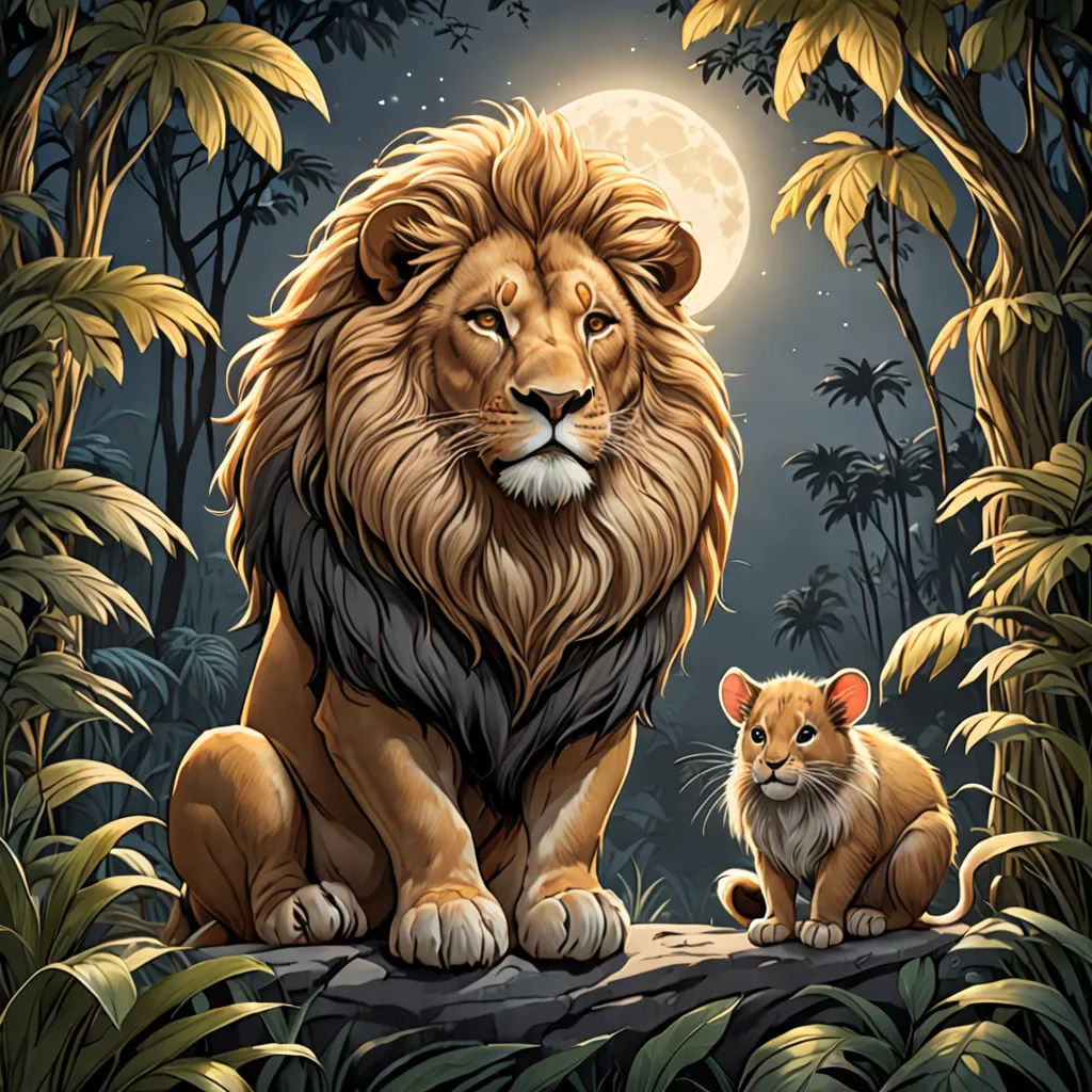 a lion and a cub sitting in the jungle under a full moon light with palm trees and foliage around them, fantasy art, a storybook illustration, Chris LaBrooy, trending on art station
