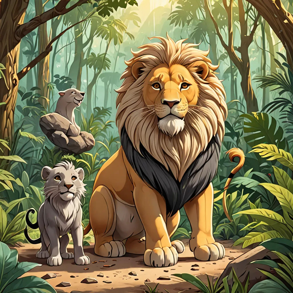 a lion and a small white lion in a jungle setting with trees and rocks and plants around them, and a third lion is standing on a path, sots art, a storybook illustration, Chris LaBrooy, official art