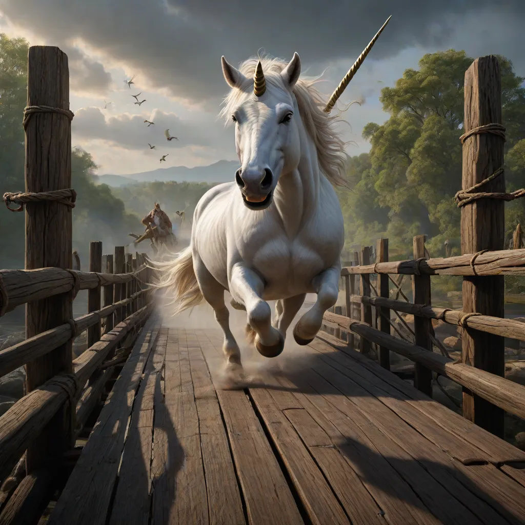 a white unicorn running across a wooden bridge with a horse in the background and a man on horseback in the distance, fantasy art, a detailed matte painting, Clint Cearley, unreal engine render