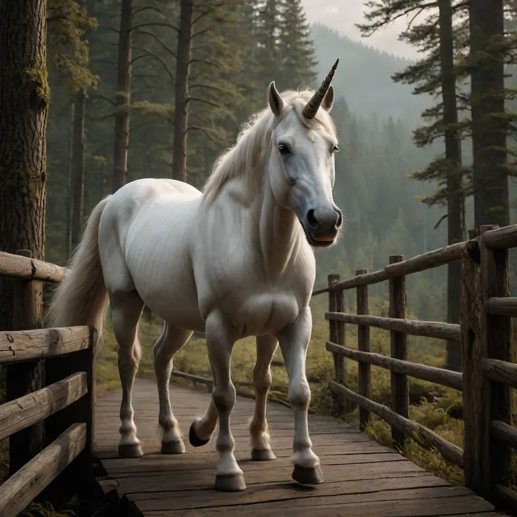 a white horse standing on a wooden bridge in the woods with trees in the background and a mountain in the distance, magical realism, a storybook illustration, Chris LaBrooy, fantasy magic