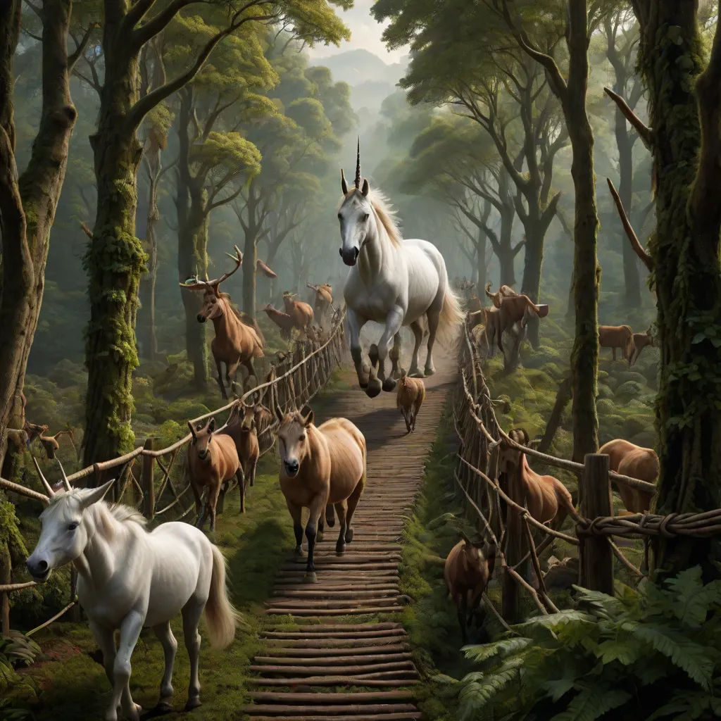 a painting of a white horse running down a path with other animals in the background and a forest with trees, fantasy art, a detailed matte painting, Chris LaBrooy, matte fantasy painting
