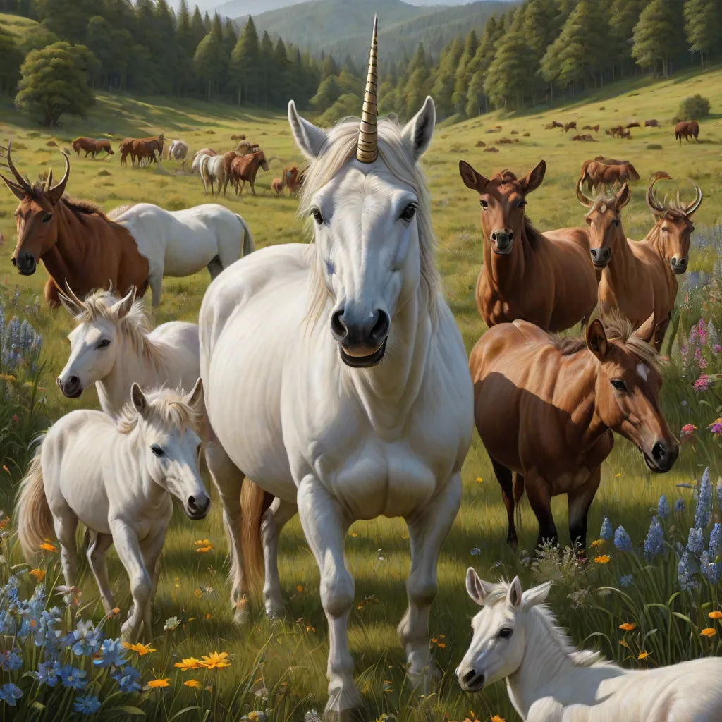 a painting of a herd of horses and cows in a field of flowers and grass with mountains in the background, fantasy art, a hyperrealistic painting, Chris LaBrooy, highly detailed oil painting