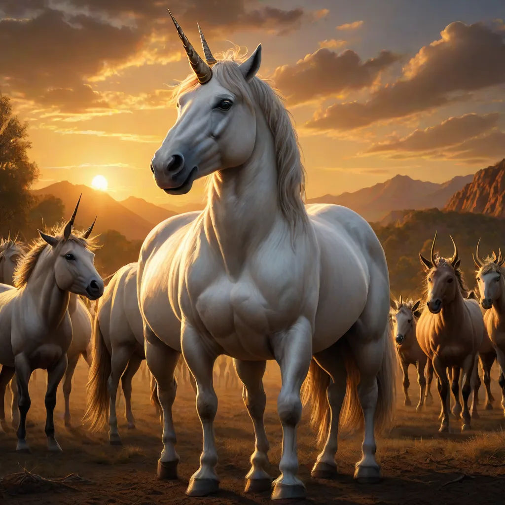 a group of white horses standing in a field at sunset with mountains in the background and a sun setting, fantasy art, a detailed matte painting, Anne Stokes, majestic