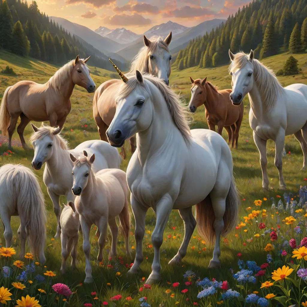 a painting of a herd of horses in a field of flowers and trees with mountains in the background and a sunset, american scene painting, an oil painting, Chris LaBrooy, highly detailed digital painting