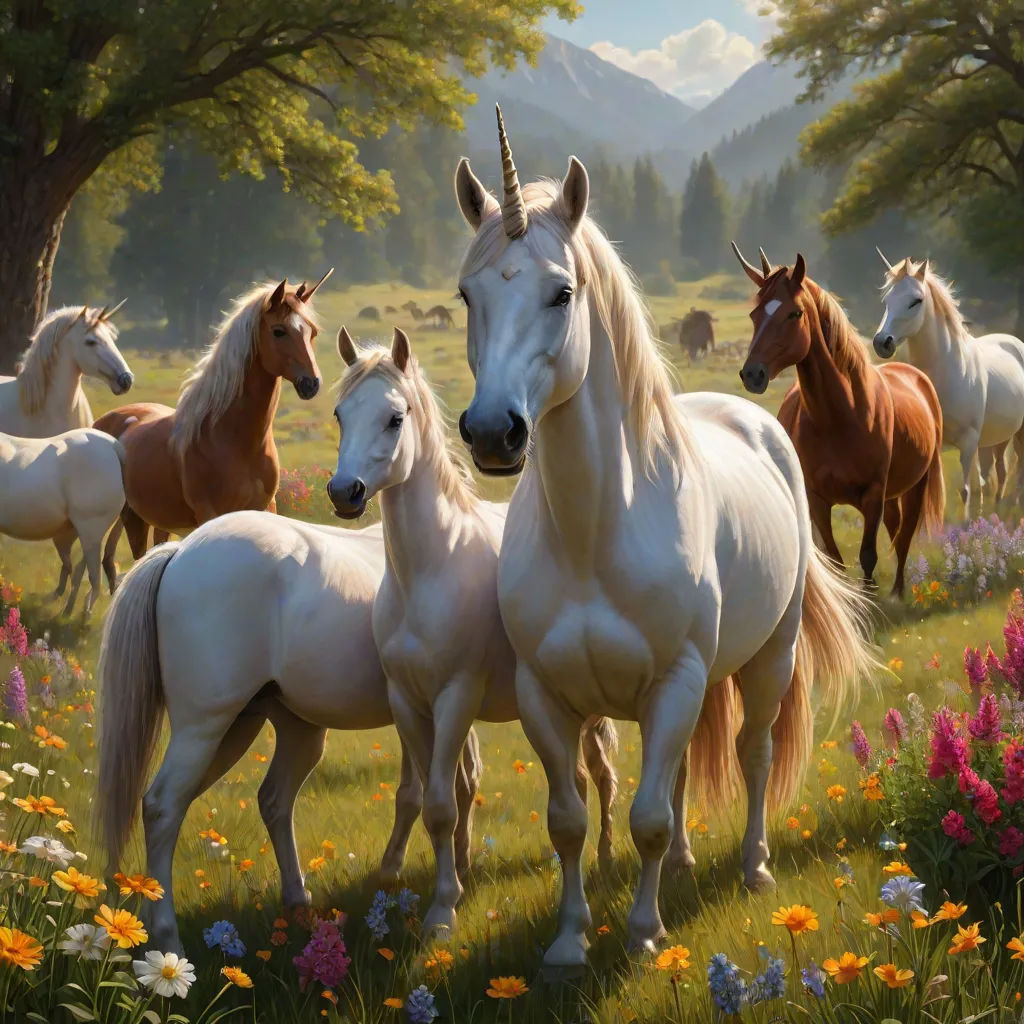 a painting of a group of horses in a field of flowers and trees with mountains in the background and a sky with clouds, fantasy art, an oil painting, Anne Stokes, highly detailed oil painting