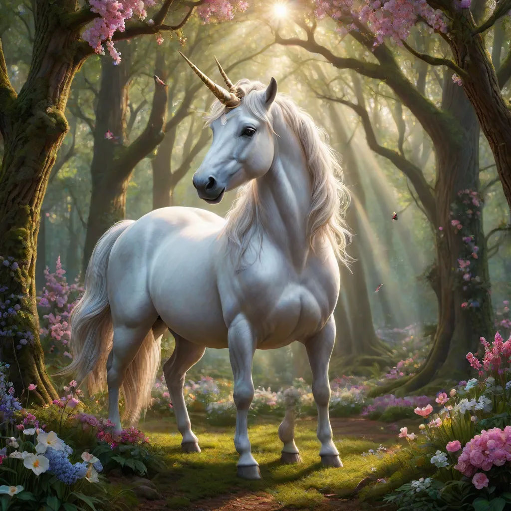 a white unicorn standing in a forest with pink flowers and trees in the background, with a sunbeam, magical realism, a storybook illustration, Anne Stokes, fantasy magic