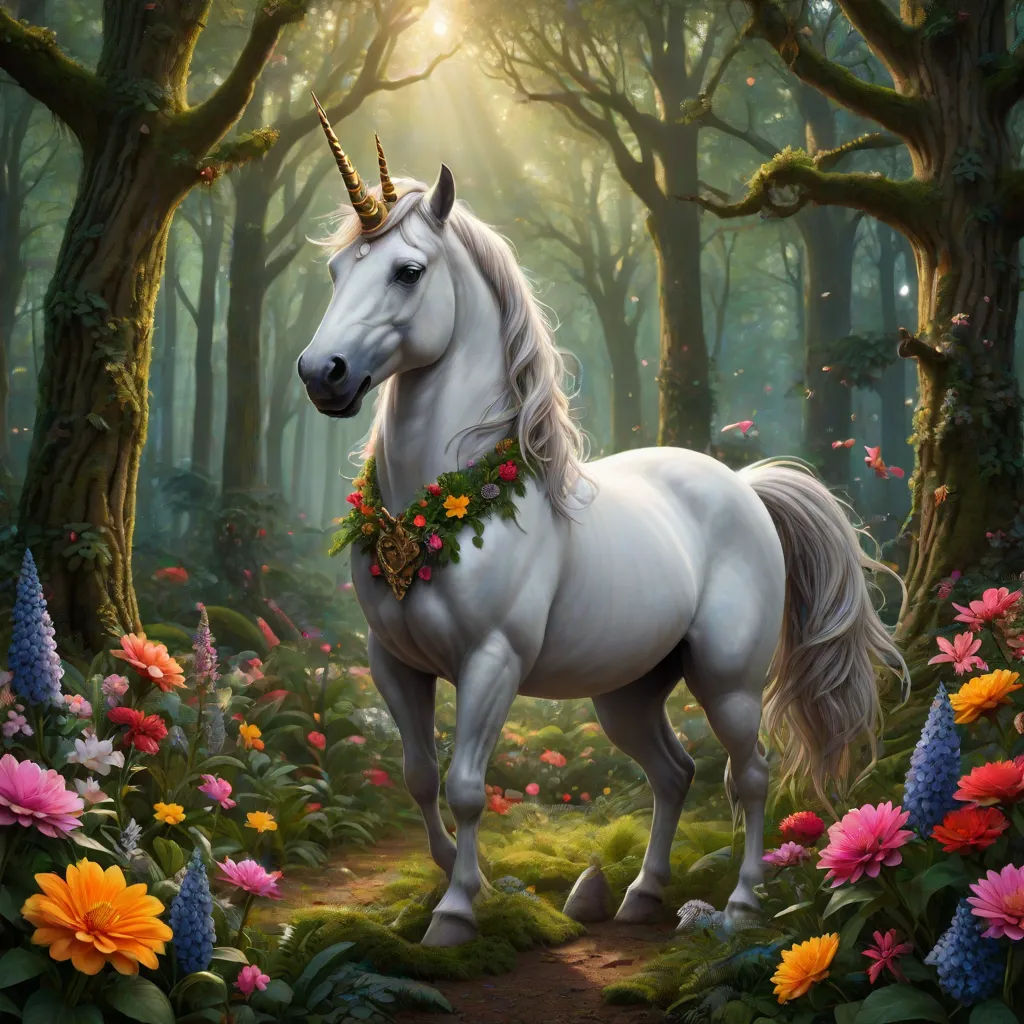 a white unicorn with a crown standing in a forest with flowers and trees in the background, with a sunbeam in the middle, fantasy art, a storybook illustration, Anne Stokes, fantasy artwork