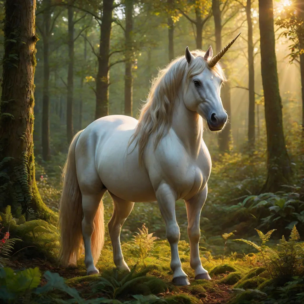 a white unicorn standing in a forest with trees and grass in the background and sunlight shining through the trees, magical realism, a digital rendering, Beeple, fantasy magic