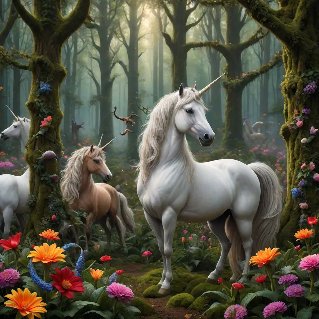 a painting of two unicorns in a forest with flowers and trees in the background, with a bird on the ground, Anne Stokes, fantasy art, a detailed matte painting, fantasy artwork