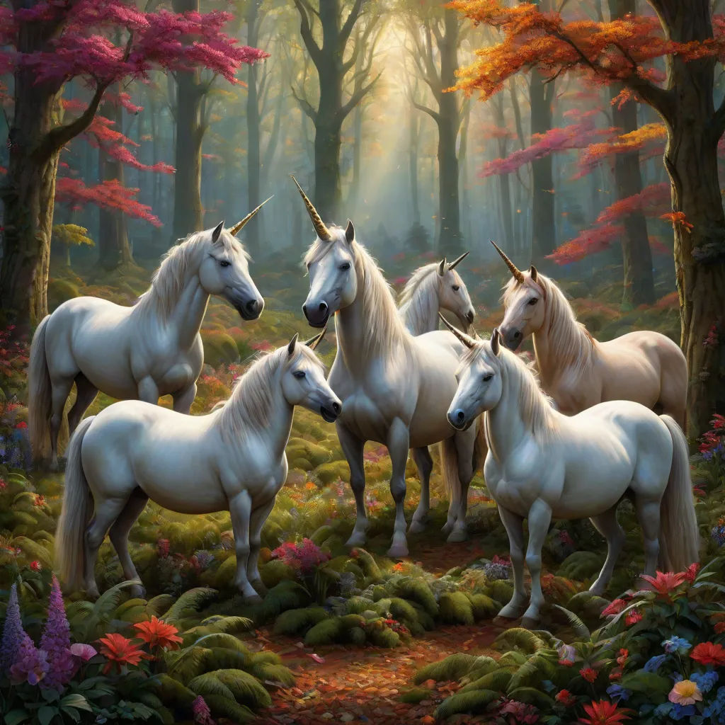 a painting of four white horses in a forest with trees and flowers in the background, with a sunbeam, fantasy art, a fine art painting, Anne Stokes, fantasy artwork