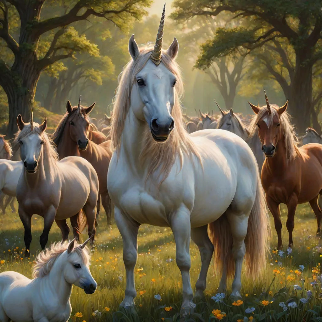 a painting of a herd of horses in a field of grass and flowers with trees in the background and a sun shining through the trees, fantasy art, an oil painting, Christophe Vacher, highly detailed digital painting