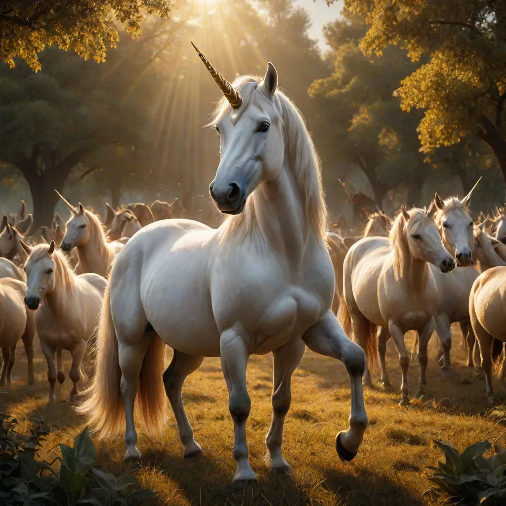 a herd of white unicorns running through a field of grass with trees in the background and sunlight shining through the trees, magical realism, a photorealistic painting, Chris LaBrooy, fantasy magic