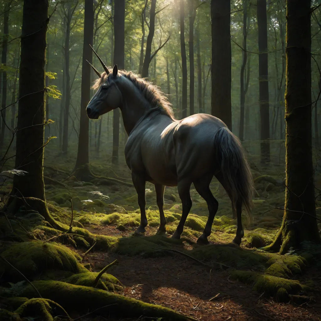 a horse standing in the middle of a forest with trees and moss on the ground and sunlight shining through the trees, magical realism, a detailed matte painting, Chris LaBrooy, fantasy magic
