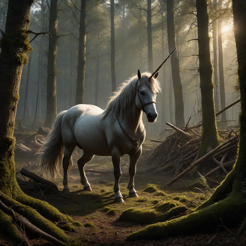 a white horse standing in a forest with moss on the ground and trees around it, with a light shining through the trees, magical realism, a detailed matte painting, Chris LaBrooy, fantasy magic