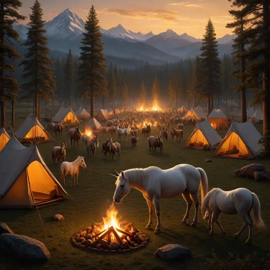 a painting of horses and a campfire in a field with tents and trees in the background at sunset, fantasy art, a detailed matte painting, Chris LaBrooy, highly detailed digital painting