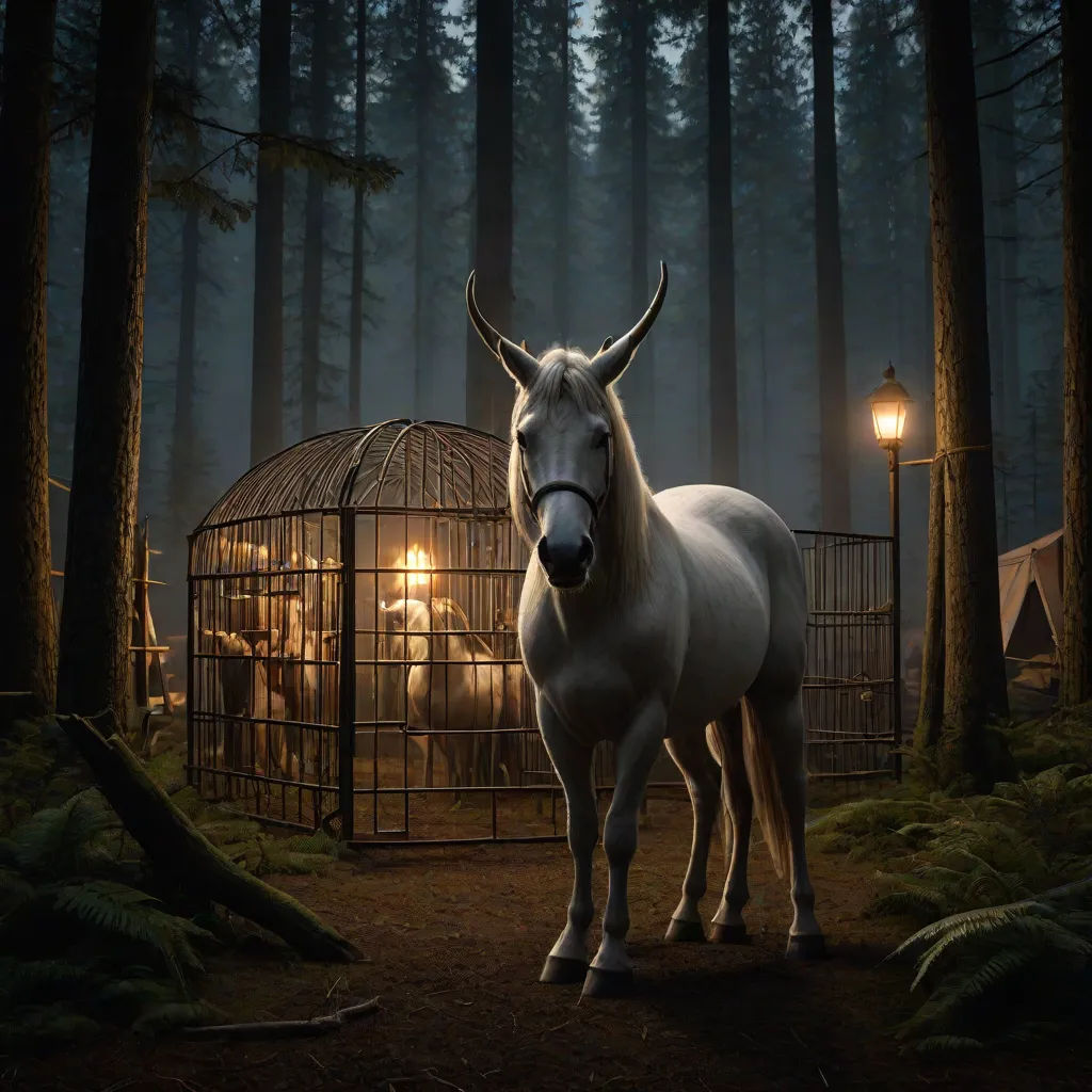 a white horse standing in front of a cage in the woods at night with a lantern on its head, magical realism, a detailed matte painting, Chris LaBrooy, promotional image