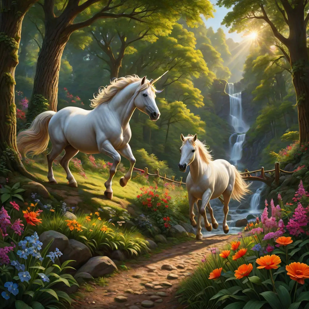 two white horses running through a forest with a waterfall in the background and flowers in the foreground, and a waterfall in the background, fantasy art, a detailed matte painting, Anne Stokes, fantasy magic