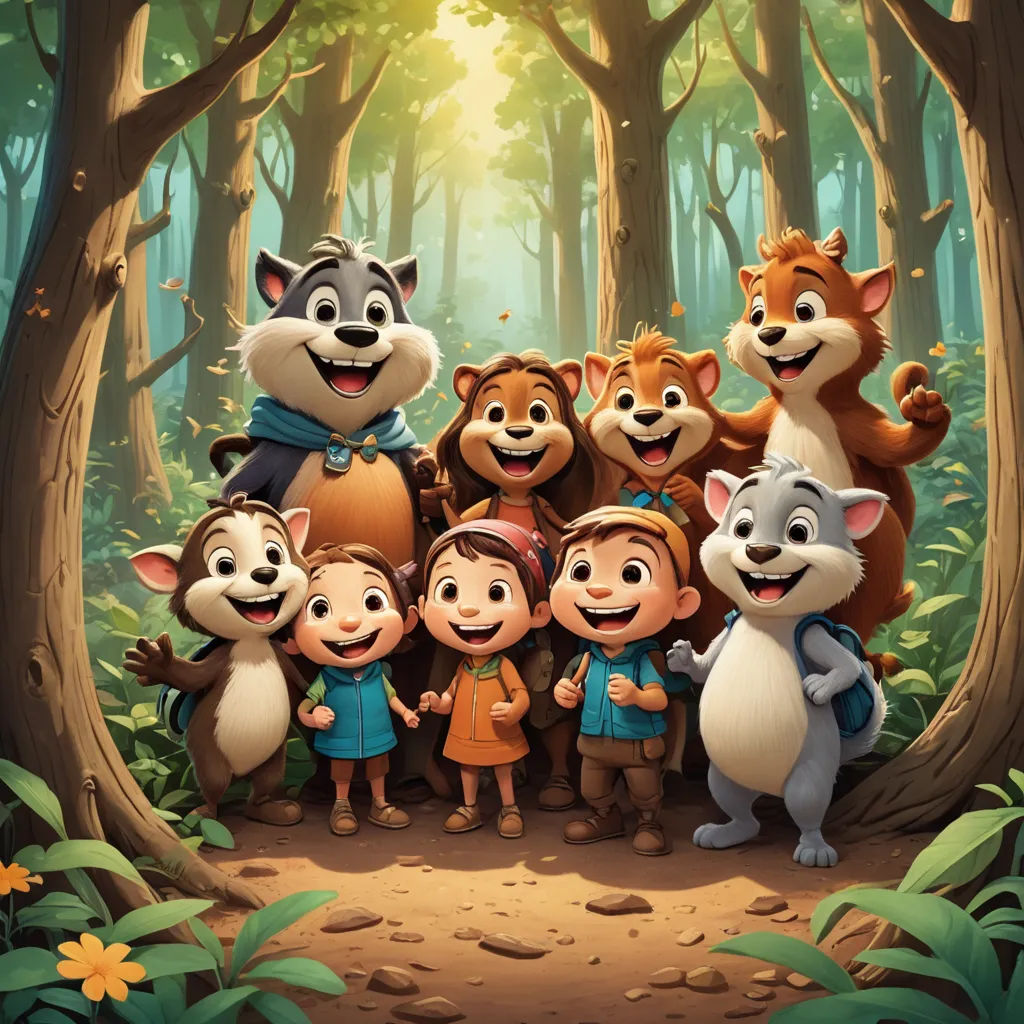 a group of cartoon animals standing in a forest together with a forest background and sun shining through the trees, sots art, a storybook illustration, Chris LaBrooy, promotional image