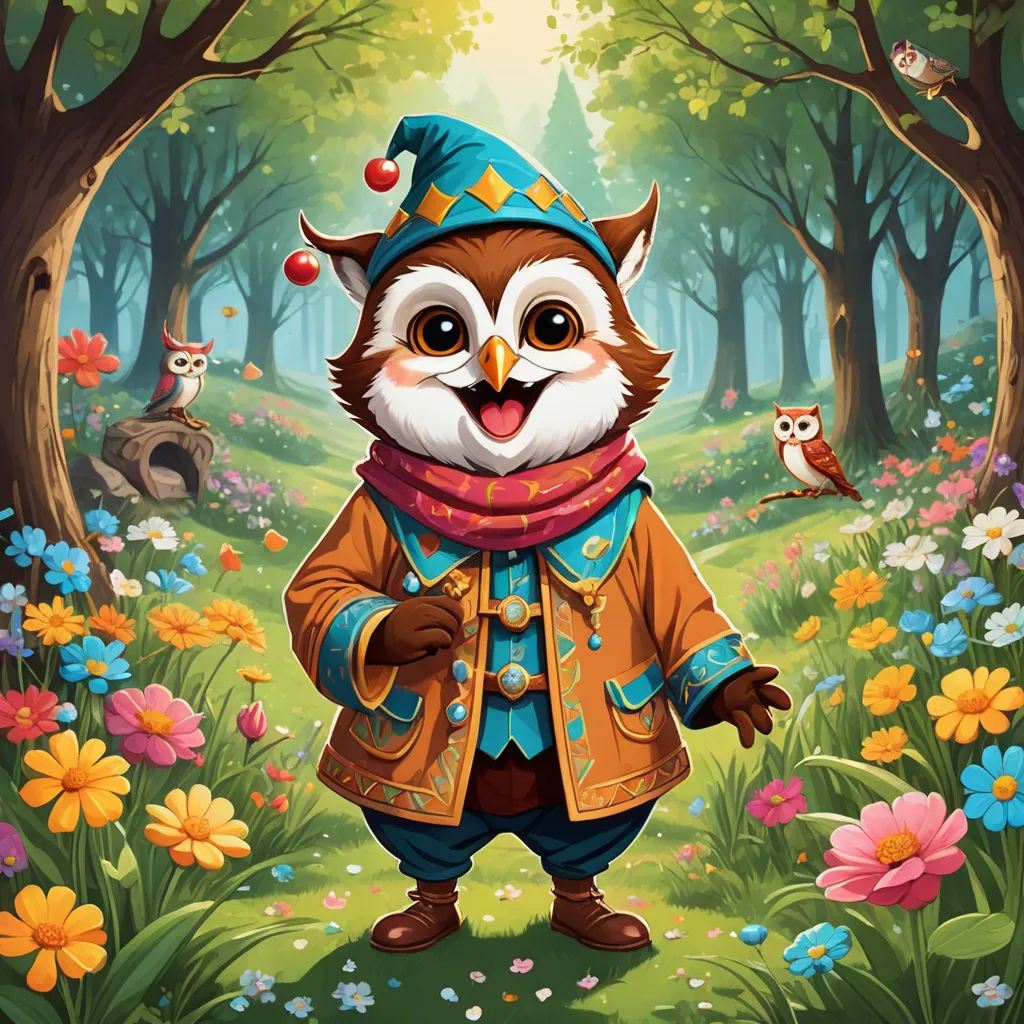 a painting of a cartoon owl in a forest with flowers and owls in the background, with a bird in the foreground, fantasy art, a storybook illustration, Chris LaBrooy, game art