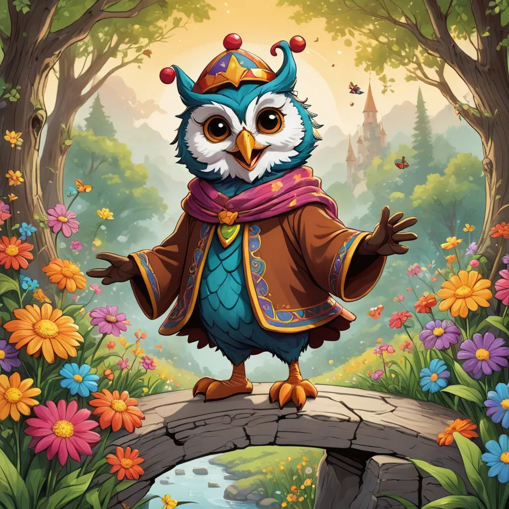 a cartoon owl with a crown on a bridge in a forest with flowers and butterflies around it, wearing a coat and a scarf, fantasy art, a storybook illustration, Chris LaBrooy, official art